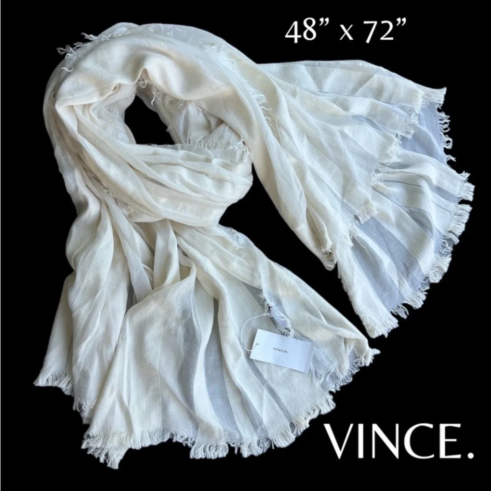 VINCE Large PASHMINA SCARF sheer stripe  cotton modal cashmere LIGHT Ivory